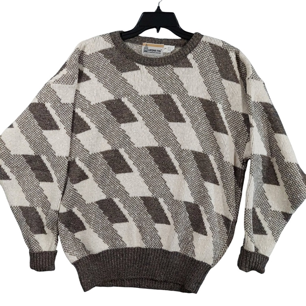 London Fog Sweater Men Large Brown Geometric Knit Vintage Pullover Crewneck